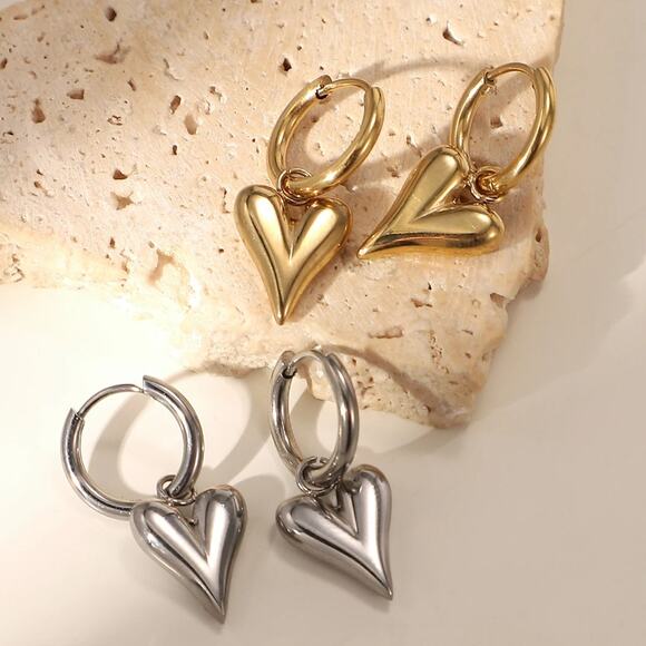 Luxury Heart Pendant Hoop Earrings 18K Gold Plated Stainless Steel - Picture 11 of 11